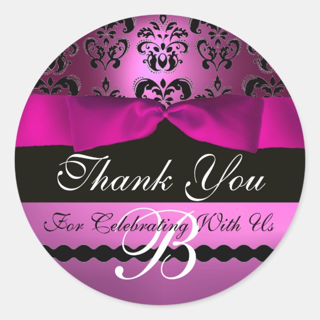 PINK BLACK DAMASK RIBBON MONOGRAM Purple Violet Classic Round Sticker (Front)