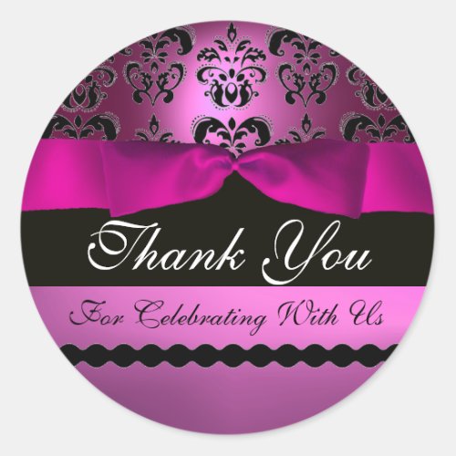 PINK BLACK DAMASK RIBBON MONOGRAM Purple Violet Classic Round Sticker