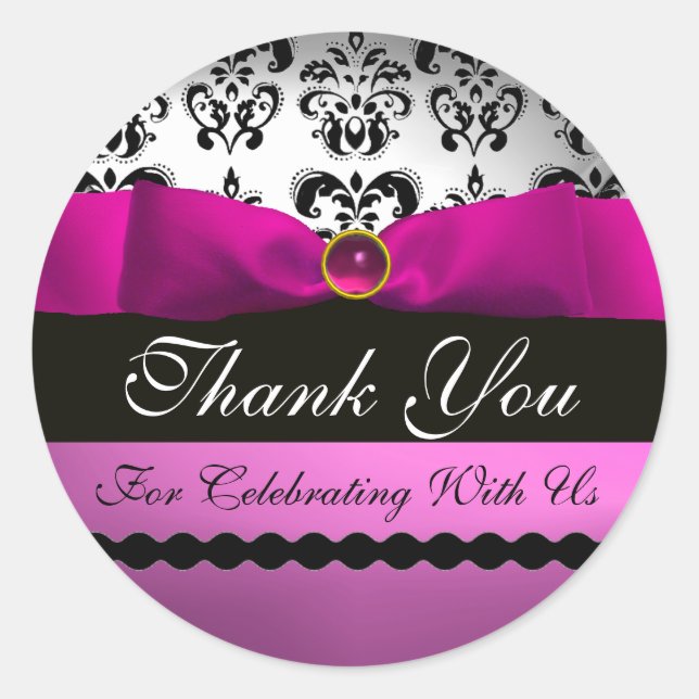 PINK BLACK DAMASK RIBBON MONOGRAM Purple Violet Classic Round Sticker (Front)