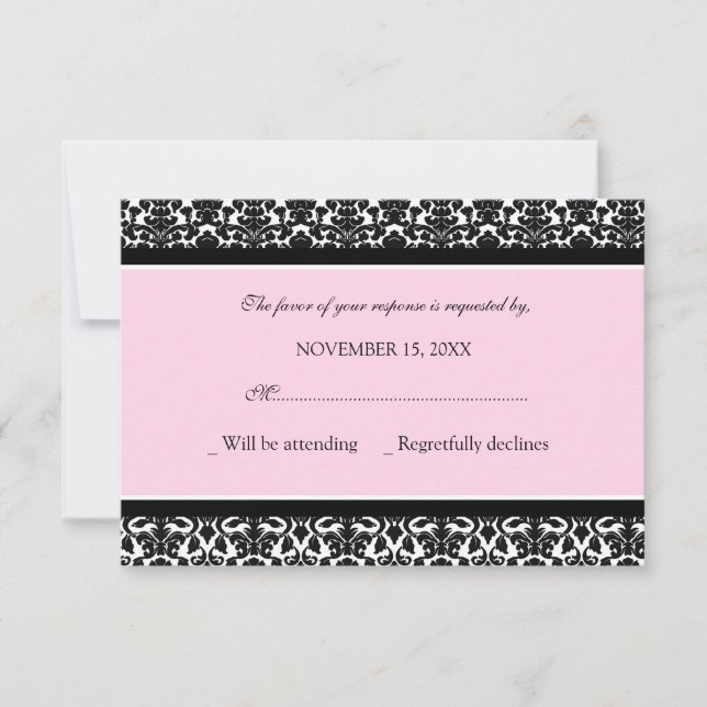 Pink Black Damask RSVP Wedding Card (Front)