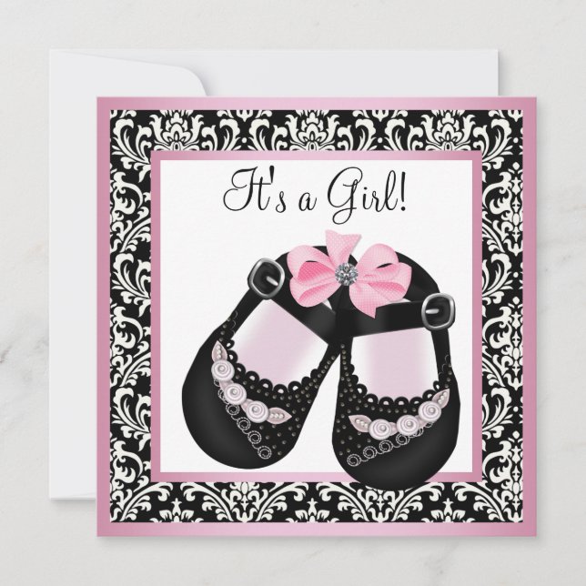 Pink Black Damask Shoes Baby Girl Shower Invitation (Front)