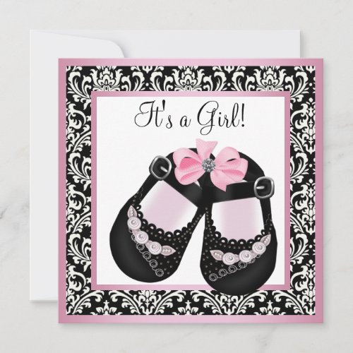 Pink Black Damask Shoes Baby Girl Shower Invitation