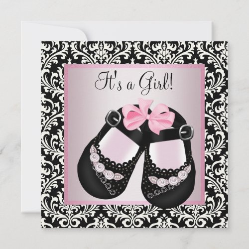 Pink Black Damask Shoes Baby Girl Shower Invitation