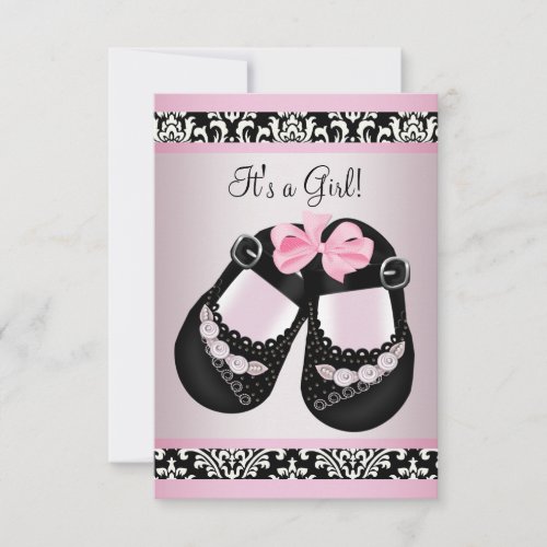 Pink Black Damask Shoes Baby Girl Shower RSVP Invitation