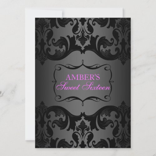 Pink &amp; Black Damask Sweet 16 Birthday Invite