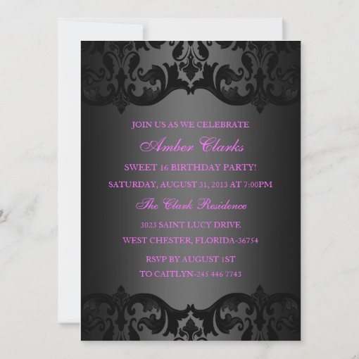 Pink & Black Damask Sweet 16 Birthday Invite | Zazzle