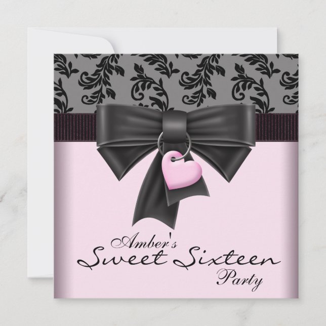 Pink Black Damask Sweet 16 Birthday Party Invitation (Front)