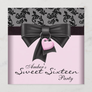 Pink Black Damask Sweet 16 Birthday Party Invitation