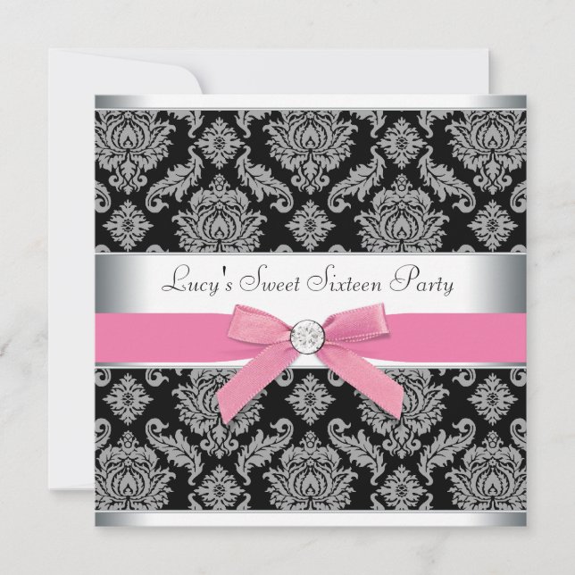 Pink Black Damask Sweet 16 Birthday Party Invitation (Front)