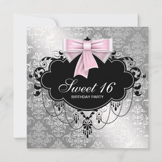 Pink Black Damask Sweet 16 Birthday Party Invitation (Front)