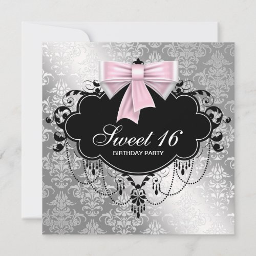Pink Black Damask Sweet 16 Birthday Party Custom Invite