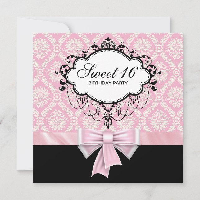 Pink Black Damask Sweet 16 Birthday Party Invitation (Front)