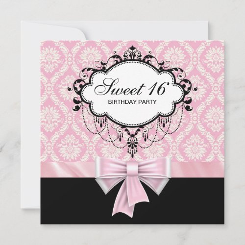 Pink Black Damask Sweet 16 Birthday Party Custom Invitation