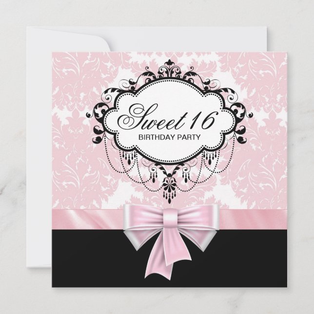 Pink Black Damask Sweet 16 Birthday Party Invitation (Front)