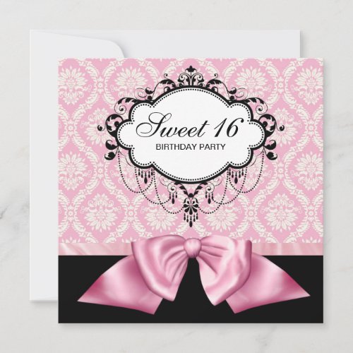 Pink Black Damask Sweet 16 Birthday Party Custom Invite