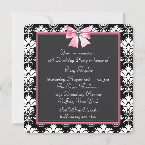 Pink Black Damask Sweet 16 Party Invitation 