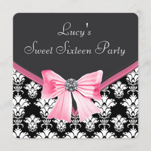 Pink Black Damask Sweet 16 Party Invitation