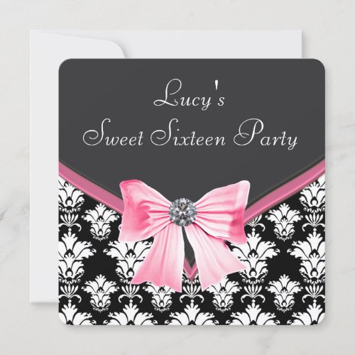 Pink Black Damask Sweet 16 Party Personalized Invitation