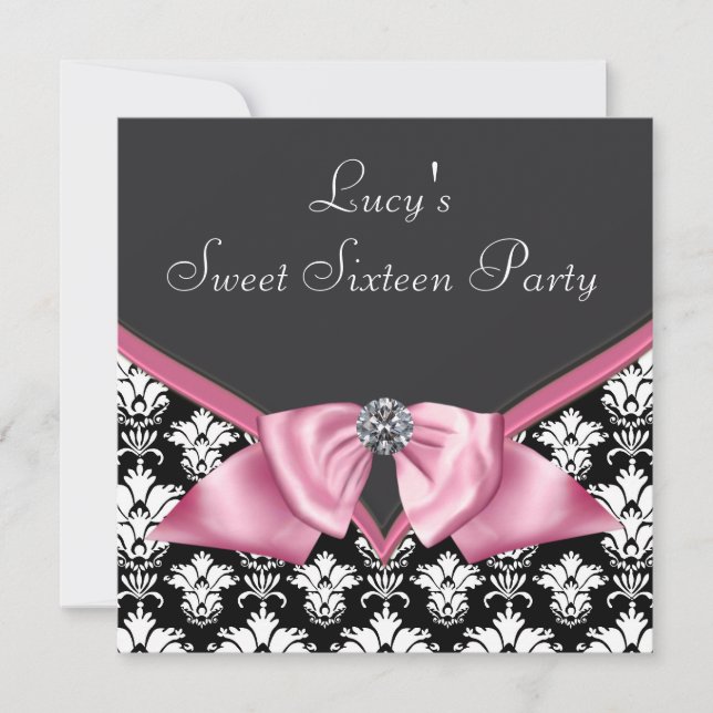 Pink Black Damask Sweet 16 Party Invitation (Front)