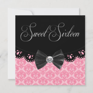 Pink Black Damask Sweet Sixteen Birthday Party Invitation