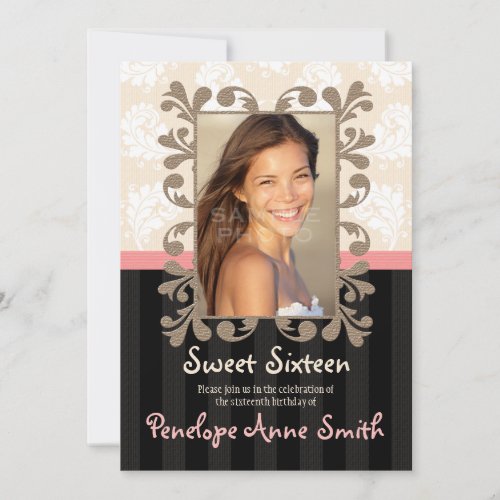 Pink Black Damask Sweet Sixteen Photo Invitations