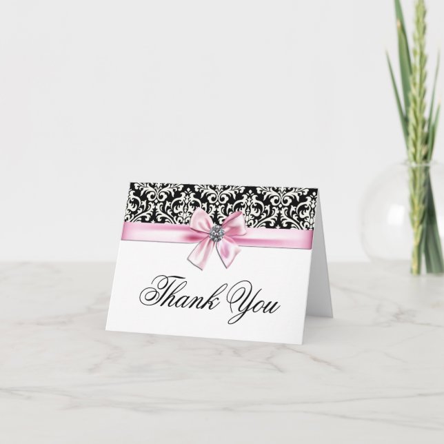 Pink Black Damask Thank You Cards (Front)