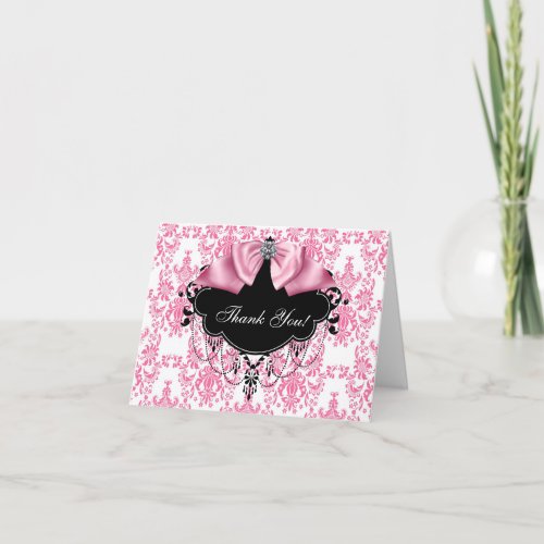 Pink Black Damask Thank You Cards