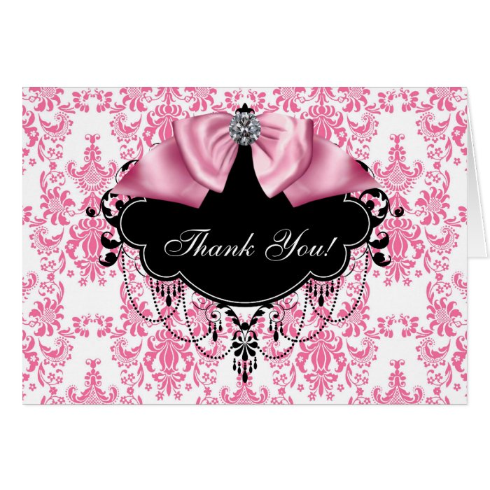 Pink Black Damask Thank You Cards