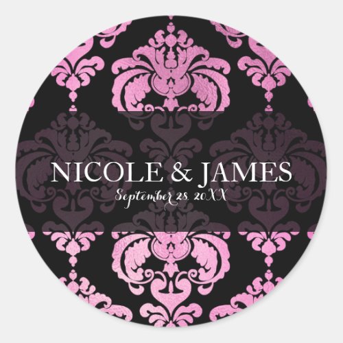 Pink Black Damask Vintage Wedding Event Favor Classic Round Sticker