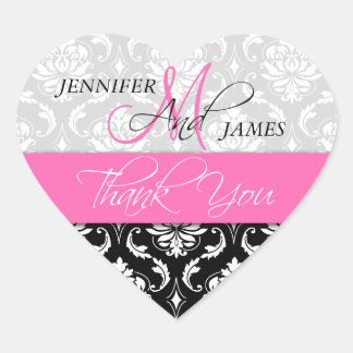 Pink, Black Damask Wedding Favor Heart Sticker