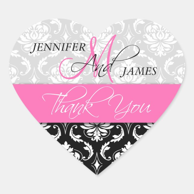Pink, Black Damask Wedding Favor Heart Sticker (Front)