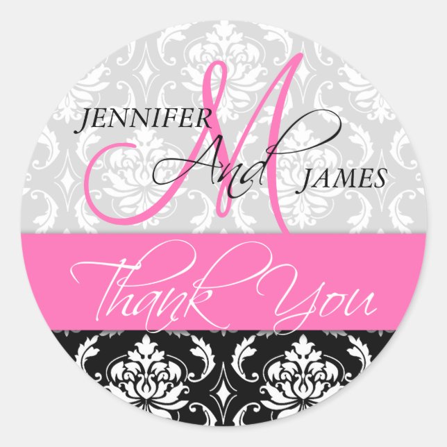 Pink Black Damask Wedding Favor Thank You Sticker (Front)