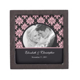 Pink & Black Damask Wedding Photo Keepsake Tile Premium Keepsake Box