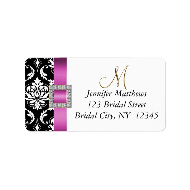 Pink, Black Damask Wedding RSVP Address Label (Front)