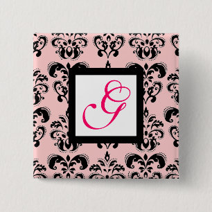 PINK BLACK DAMASK WHITE SQUARE MONOGRAM Fuchsia Pinback Button