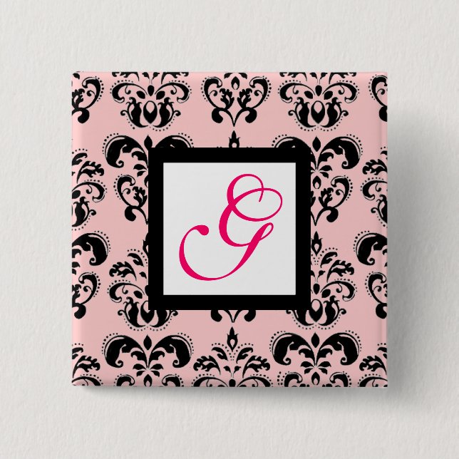 PINK BLACK DAMASK WHITE SQUARE MONOGRAM Fuchsia Pinback Button (Front)