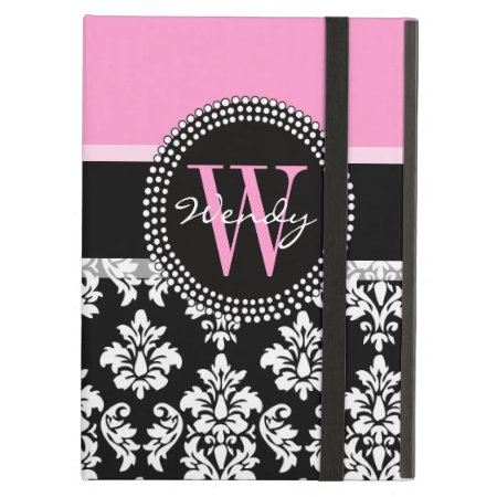 Pink, Black Damask Your Initial, Your Name Ipad Air Cover