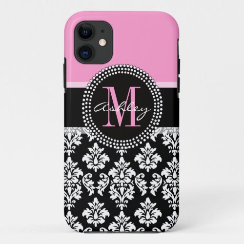 PINK BLACK DAMASK YOUR MONOGRAM YOUR NAME iPhone 11 CASE