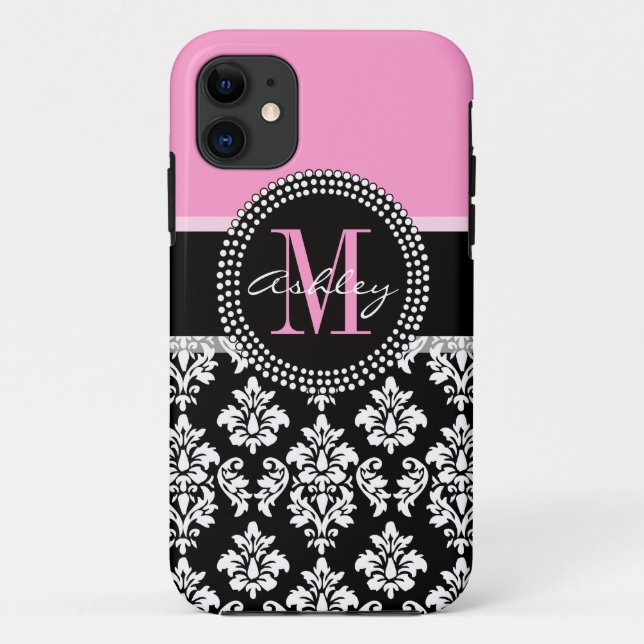 PINK, BLACK DAMASK, YOUR MONOGRAM ,YOUR NAME Case-Mate iPhone CASE (Back)