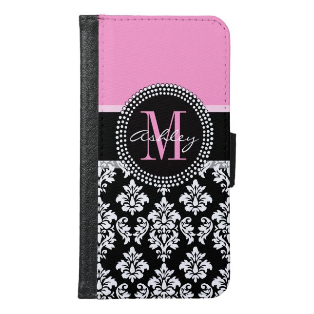 PINK, BLACK DAMASK, YOUR MONOGRAM ,YOUR NAME SAMSUNG GALAXY WALLET CASE (Front)