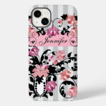 Pink &amp; Black Damasks with Name on soft Stripes Case-Mate iPhone 14 Plus Case