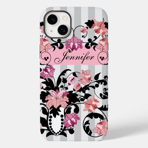 Pink  Black Damasks with Name on soft Stripes Case_Mate iPhone 14 Plus Case