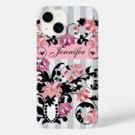 Pink &amp; Black Damasks with Name on soft Stripes Case-Mate iPhone 14 Case