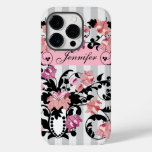 Pink &amp; Black Damasks with Name on soft Stripes Case-Mate iPhone 14 Pro Case