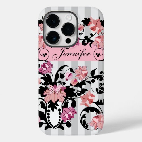 Pink  Black Damasks with Name on soft Stripes Case_Mate iPhone 14 Pro Case