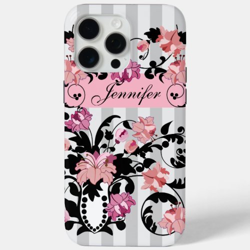 Pink  Black Damasks with Name on soft Stripes iPhone 15 Pro Max Case