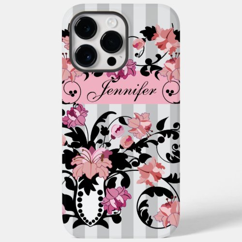 Pink  Black Damasks with Name on soft Stripes Case_Mate iPhone 14 Pro Max Case