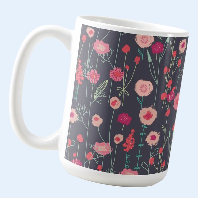  Pink Black Dark Boho Floral Coffee Mug (Boho floral pink and charcoal gray coffee mug)