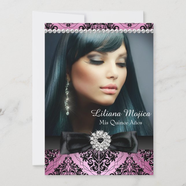 Pink Black Diamond Bow & Damask Quinceanera Invitation (Front)