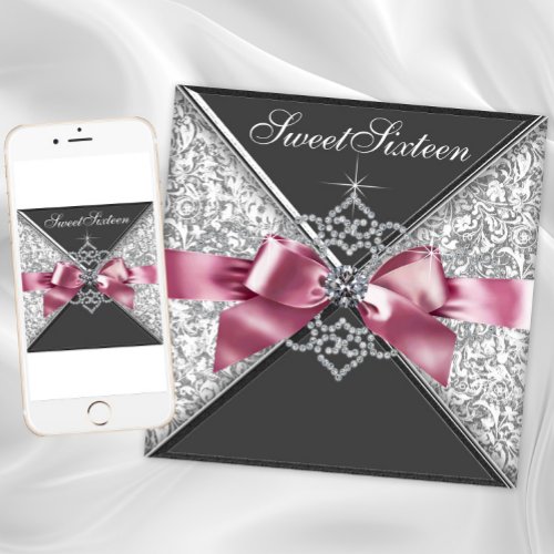 White Diamonds Pink Black Sweet 16 Birthday Party Invitation